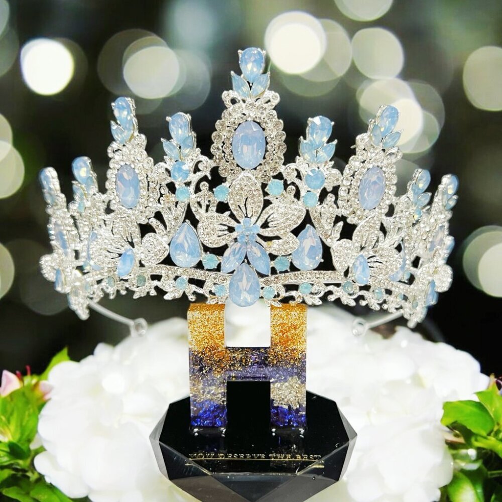 Flower Gemstone Crown, Silver bridal crown, Blue floral crown, Goddess crown